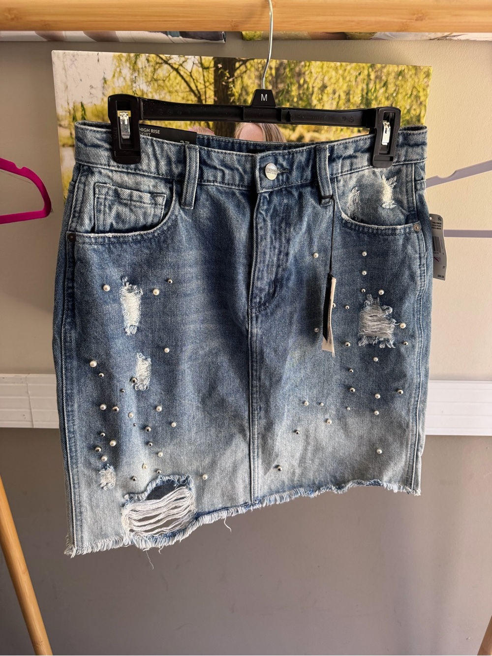 Buffalo David Bitton Blue Distressed Pearl-Studded Denim Mini Skirt